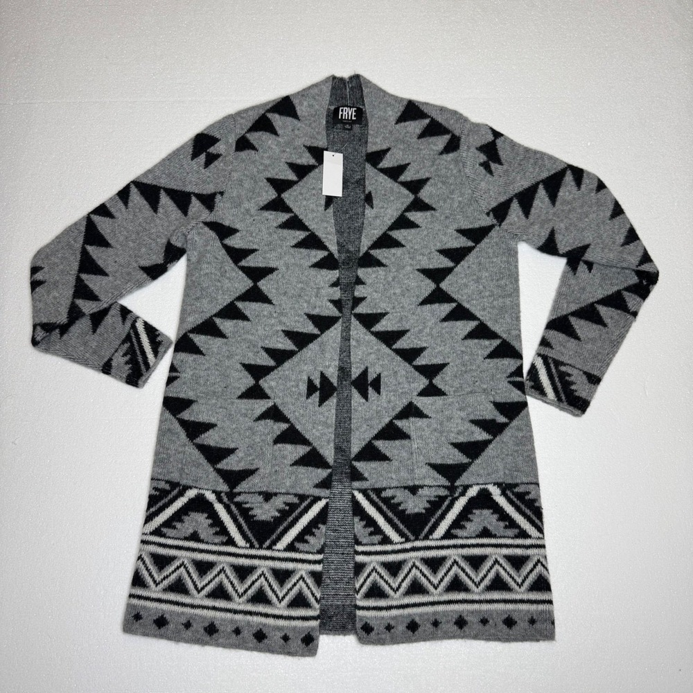 NWT FRYE Geometric Southwest Aztec Open Front Sweater Womens Medium Grey Black - Picture 1 of 7